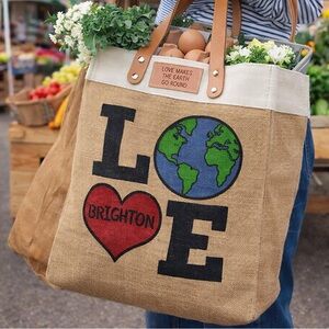 Brighton Love Earth Burlap Tote Leather Handles Eco Market Bag